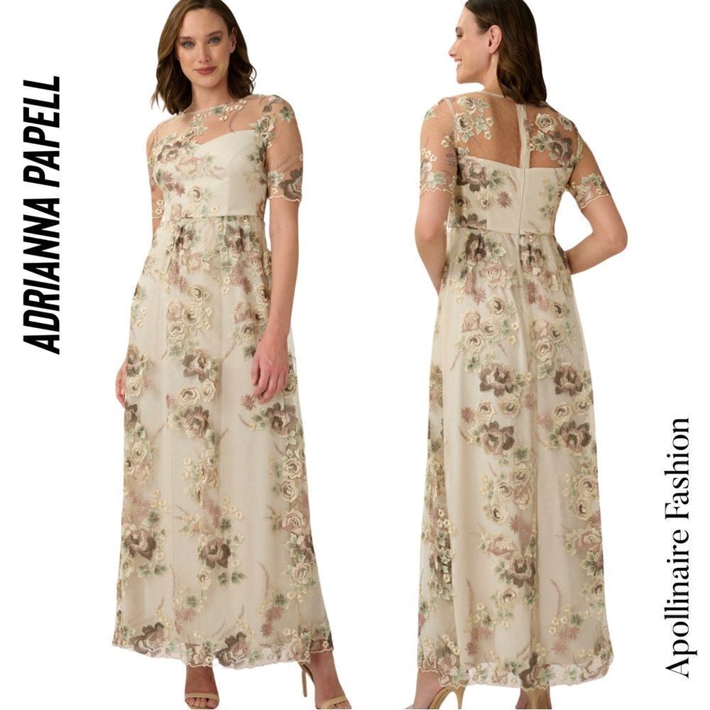 BHLD BY ADRIANNA PAPELL ROSE EMBROIDERED GOWN IN MINK SIZE 6
